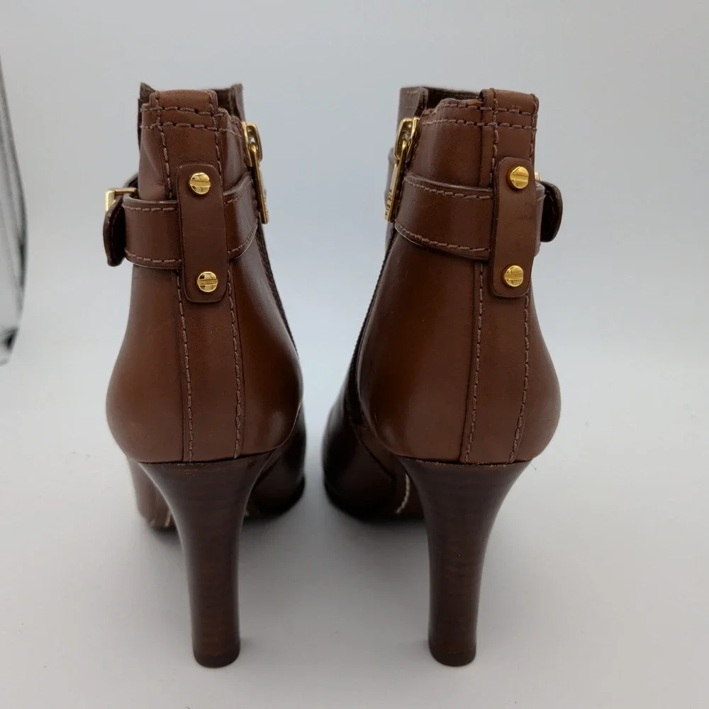 Tory Burch Bristol Brown Leather Ankle Booties Gold Logo Buckle 8.5M Brazil